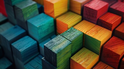 Fototapeta premium Vibrant spectrum of stacked wooden blocks - conceptual background for creativity, diversity, and growth