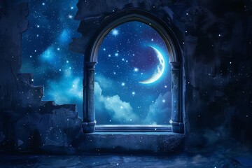 Mysterious arched window with crescent moon in starry night sky, dreamy fantasy scene digital painting