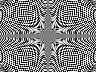 Obraz premium Wypukła geometryczna tekstura 3d w lustrzanym odbiciu podzielona na cztery wybrzuszone sferyczne strefy o wzorze biało - czarnej szachownicy. Abstrakcyjne tło