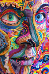 Naklejka premium Detailed close-up of a persons face meticulously created using vibrant colored paper, showcasing intricate craftsmanship and creativity