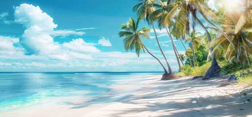 高いヤシの木と海辺の素敵な景色。白い砂浜。明るい熱帯の夏の日差しと薄い雲のある青空。ワイド画面形式-生成AI - obrazy, fototapety, plakaty