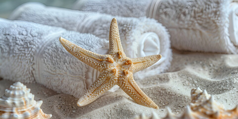 Fototapeta na wymiar Fresh White Towel Starfish