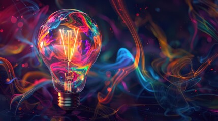 Colorful glowing light bulb lamp, visualization of brainstorming, bright idea and creative thinking and imagination, finding solution concept background