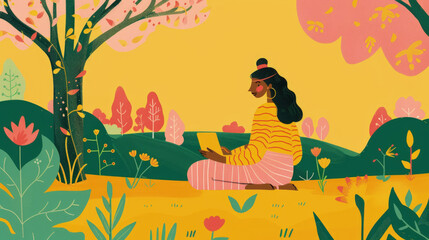 A painting depicting a woman sitting in a field, engrossed in reading a book
