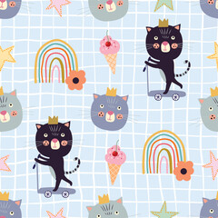 Childish seamless pattern with colorful cats on the scooter, rainbows, kids wallpaper, decorative background