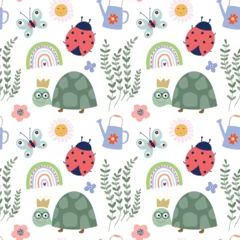 Zelfklevend Fotobehang Childish seamless pattern with cute design for kids, turtles, ladybirds, butterflies and rainbows © lilett