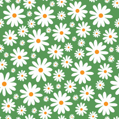 Decorative abstract seamless pattern with white daisy on green background, decorative modern wallpaper