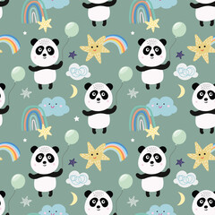 Childish seamless pattern with cute panda bear, dreamy background, kids wallpaper