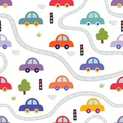 Childish seamless pattern with colorful cars, room decor for kids, vector 