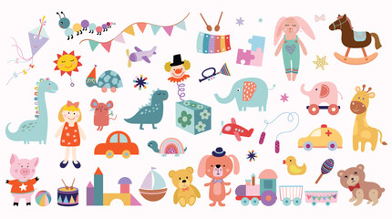 Obraz na płótnie Canvas Cute animals and toys collection, childish elements isolated on white, vector design 