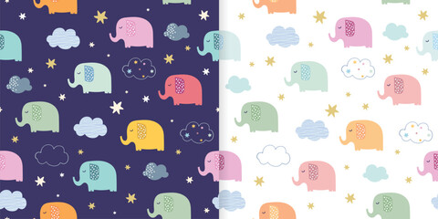 Childish seamless patterns set with cute colorful elephants, dreamy wallpaper, kids room background