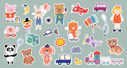 Childish stickers collection with cute animals and toys, decorative design