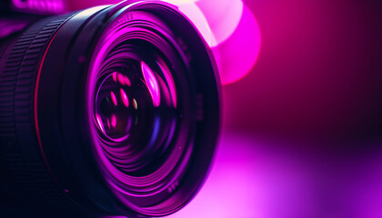 black camera lens in purple neon purple background