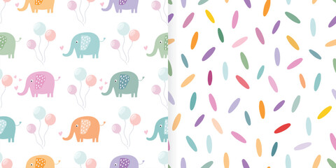 Childish seamless patterns set with cute colorful elephants,  kids room background, decorative design