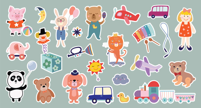 Naklejki Childish stickers collection with cute animals and toys, decorative design