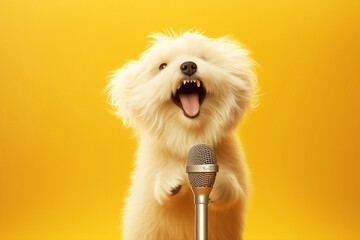 A heartwarming image of a fluffy dog, holding a microphone and singing with pure joy, set against a radiant yellow background. The HD camera captures the essence of the performance, 