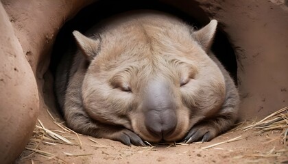 a sleepy wombat curled up in a cozy burrow upscaled 4 - obrazy, fototapety, plakaty