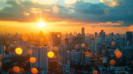 Warm summer sunset glow over urban skyline - golden hour cityscape with blurry rooftop views and bokeh lights for evening celebrations