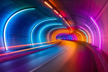 Vibrant hues illuminate a modern tunnel creating a dynamic scene of motion and color.