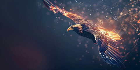 A high speed modern wireframe concept of a gold eagle fleeing in the sky of a starry night
