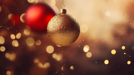 Merry Christmas and Happy New Year festive background. Ball hanging on spruce, fir branch, shiny bokeh. Generative AI