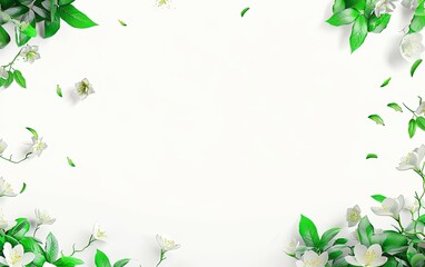 White background, green leaves and white flowers flying in the air, simple composition