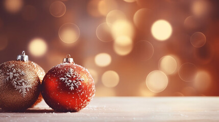 Merry Christmas and Happy New Year festive background. Ball hanging on spruce, fir branch, shiny bokeh. Generative AI