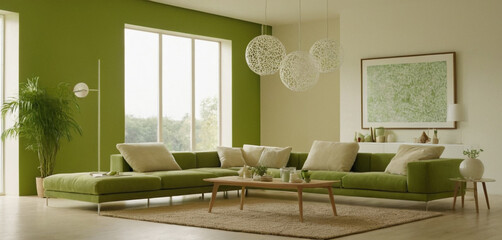 green sofa and recliner chair in apartment. Interior design of modern living room. generative AI 