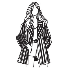 Young woman in black coat in stripes. Sketch. Fashion illustration
