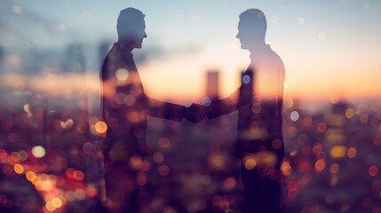 Two business people, a man and a woman, double exposure, scene shaking hands and discussing business cooperation in front of city office building, successful cooperation in business deal, corporate te