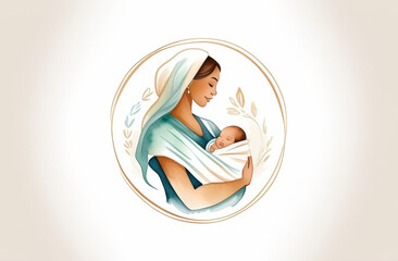 mum with a newborn baby, icon, copy space for text