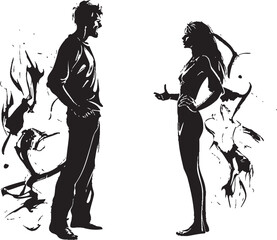 Tumultuous Tango Vector Graphic of Angry Couples Interaction Fury Fusion Emblematic Logo for Man and Woman in Anger