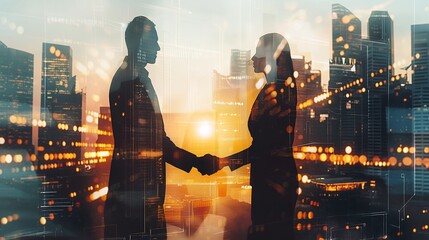 Two business people, a man and a woman, double exposure, scene shaking hands and discussing business cooperation in front of city office building, successful cooperation in business deal, corporate te - obrazy, fototapety, plakaty