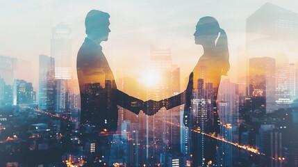 Two business people, a man and a woman, double exposure, scene shaking hands and discussing business cooperation in front of city office building, successful cooperation in business deal, corporate te