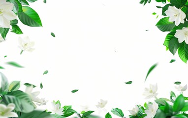 Obraz premium White background, green leaves and white flowers flying in the air, simple composition