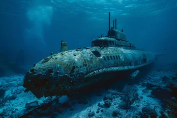 Tuinposter sunken submarine rusty underwater old © Андрей Трубицын