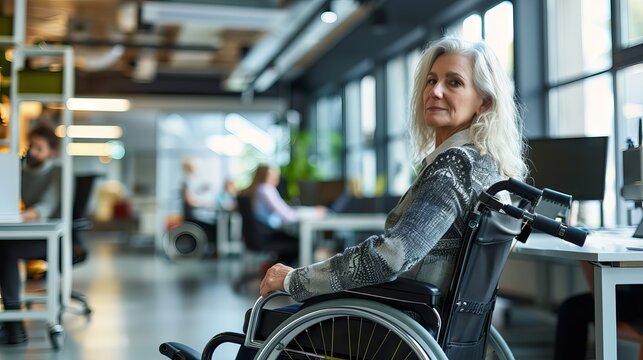Inclusive workplace environment: experienced senior Businesswoman with disability leading team from wheelchair - Powered by Adobe