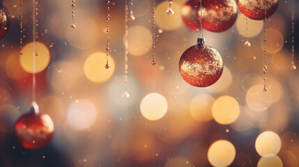 Merry Christmas and Happy New Year festive background. Ball hanging on spruce, fir branch, shiny bokeh. Generative AI