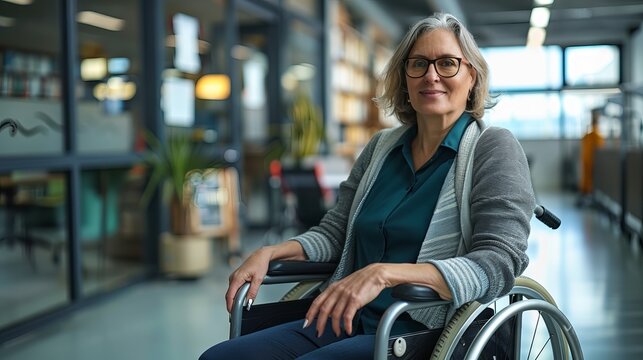 Inclusive workplace environment: experienced senior Businesswoman with disability leading team from wheelchair