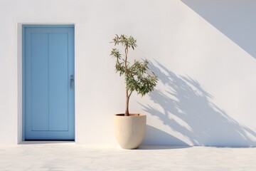 a potted plant in front of a blue door - obrazy, fototapety, plakaty