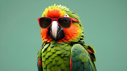 Parrot with red shades, Editorial animal concept, Party animal in shades on a simple green background | Generative AI