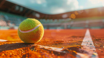 A green tennis ball on a clay court in the stadium. - 773029629