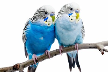 Two Budgies On A Perch,Blue, two Birds on white background