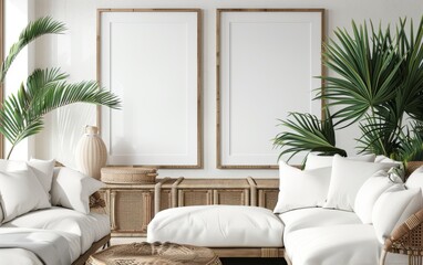 Mockup frame close up in coastal style home interior background, 3d render