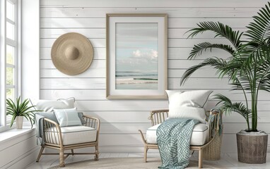 Mockup frame close up in coastal style home interior background, 3d render
