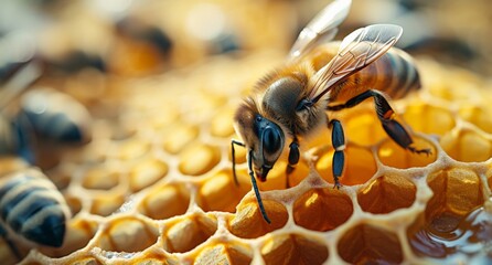 Closeup of a bee on a honeycomb with a drop of honey in the middle Honeycomb texture background with a bee collecting nectar