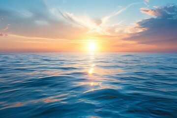 Serene ocean panorama at sunrise with sun reflecting on calm rippling waves, tranquil seascape - obrazy, fototapety, plakaty