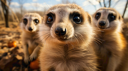 A group of meerkats standing upright, their inquisitive expressions and alert postures capturing the endearing social nature of these small mammals. - obrazy, fototapety, plakaty