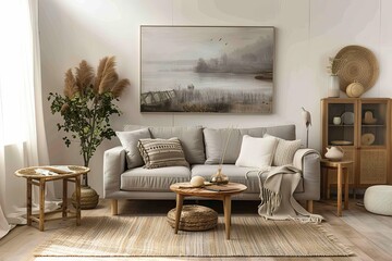 Serene living room interior with neutral tones, cozy furniture and decor, digital painting
