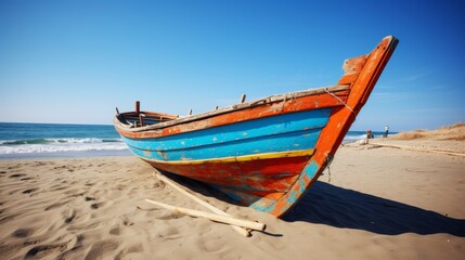 Fototapeta na wymiar Vintage fishing boat on sandy seashore a nostalgic reminder of tranquil coastal days